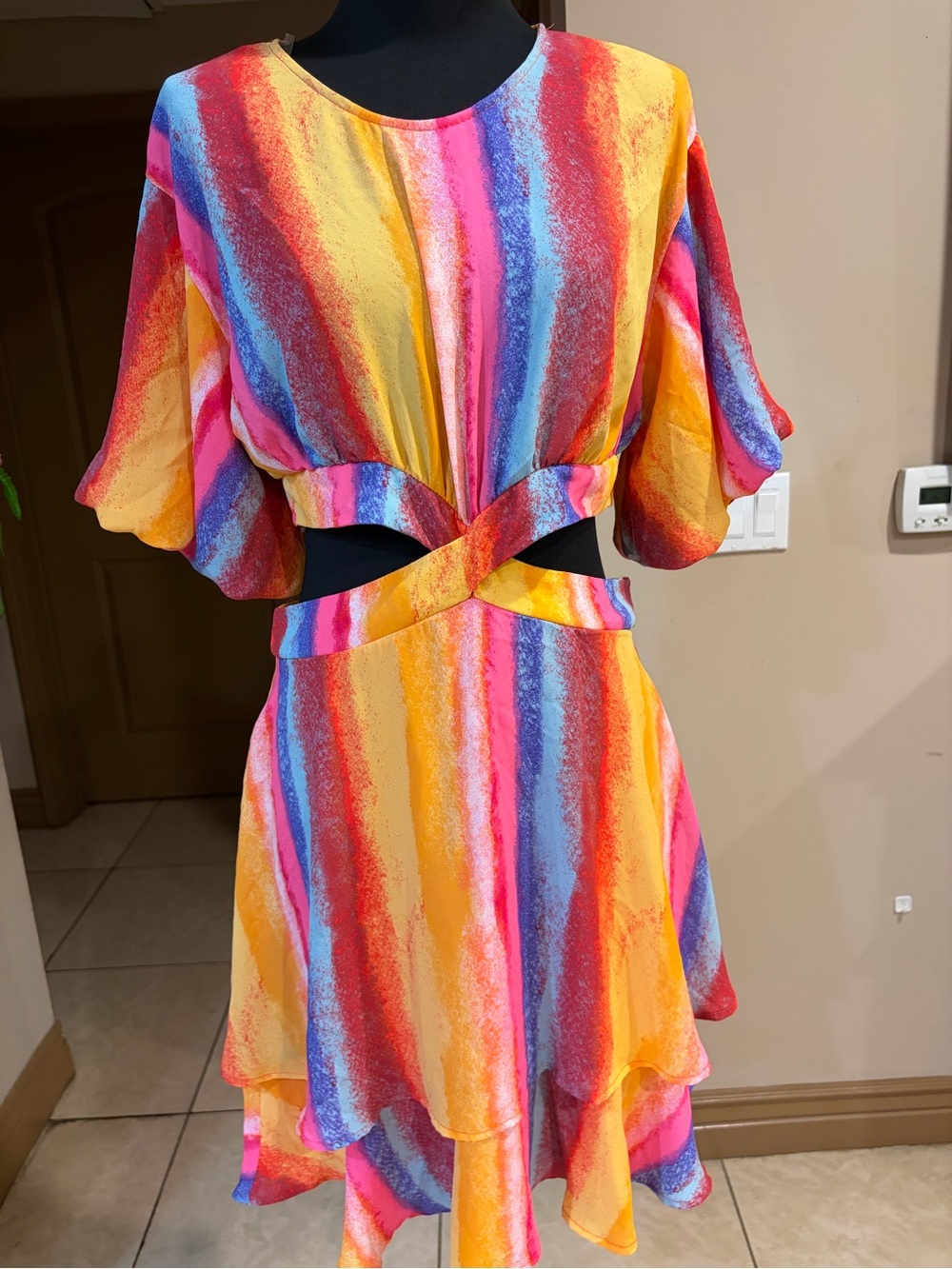 ANDREE BY UNIT Multicolor Stripe Cutout Mini Dress — Yellow Pink Blue
